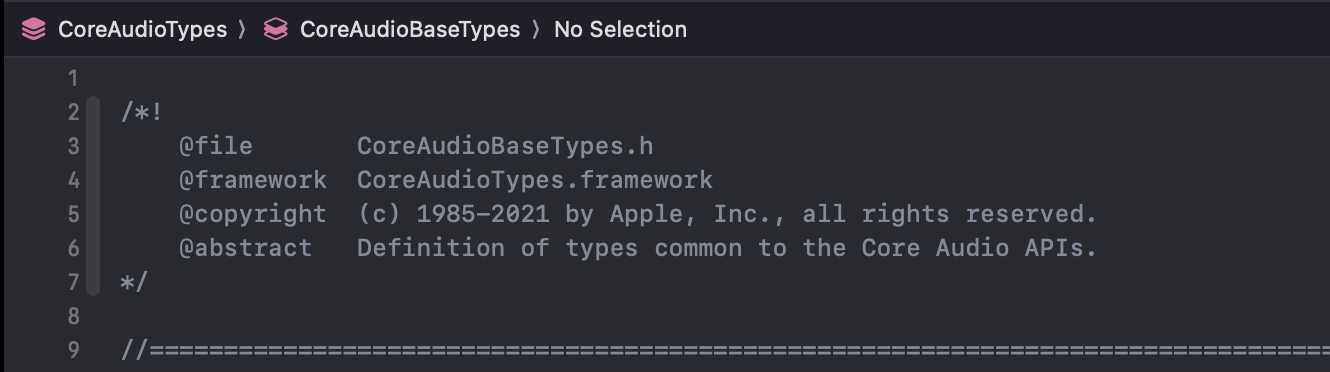 Screenshot of CoreAudioBaseTypes.h, copyright 1985-2021 by Apple, Inc.