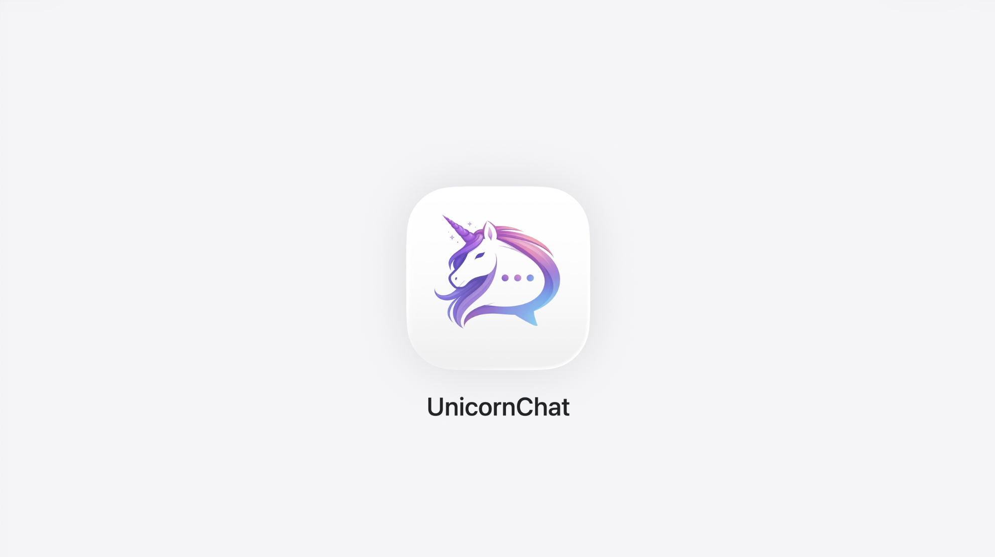 A slide from a WWDC26 presentation – a stylized unicorn logo with a pink and purple mane with the text UnicornChat on a sleek, minimalist background.