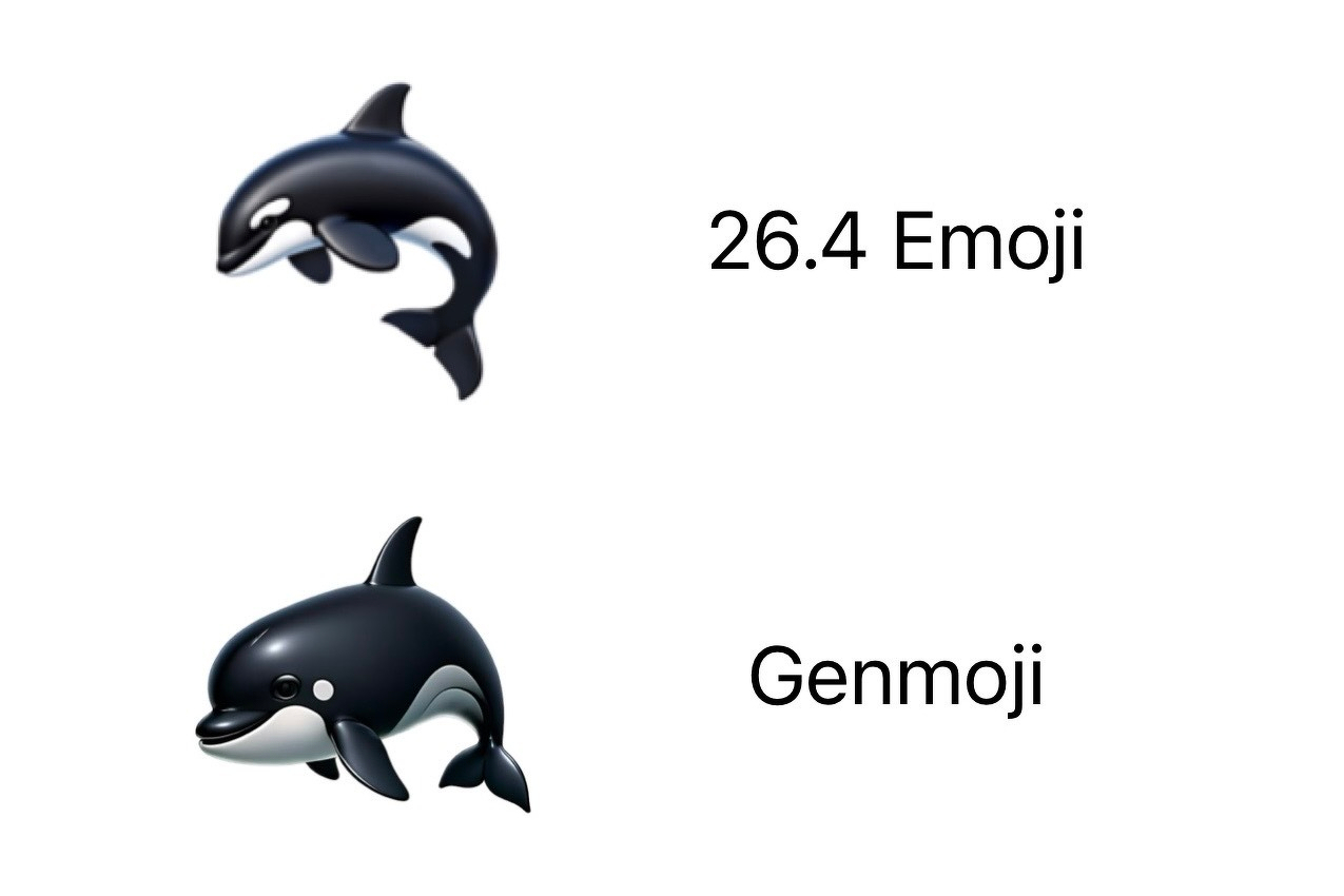 Two different orca emojis are shown side by side, labeled 26.4 Emoji and Genmoji.