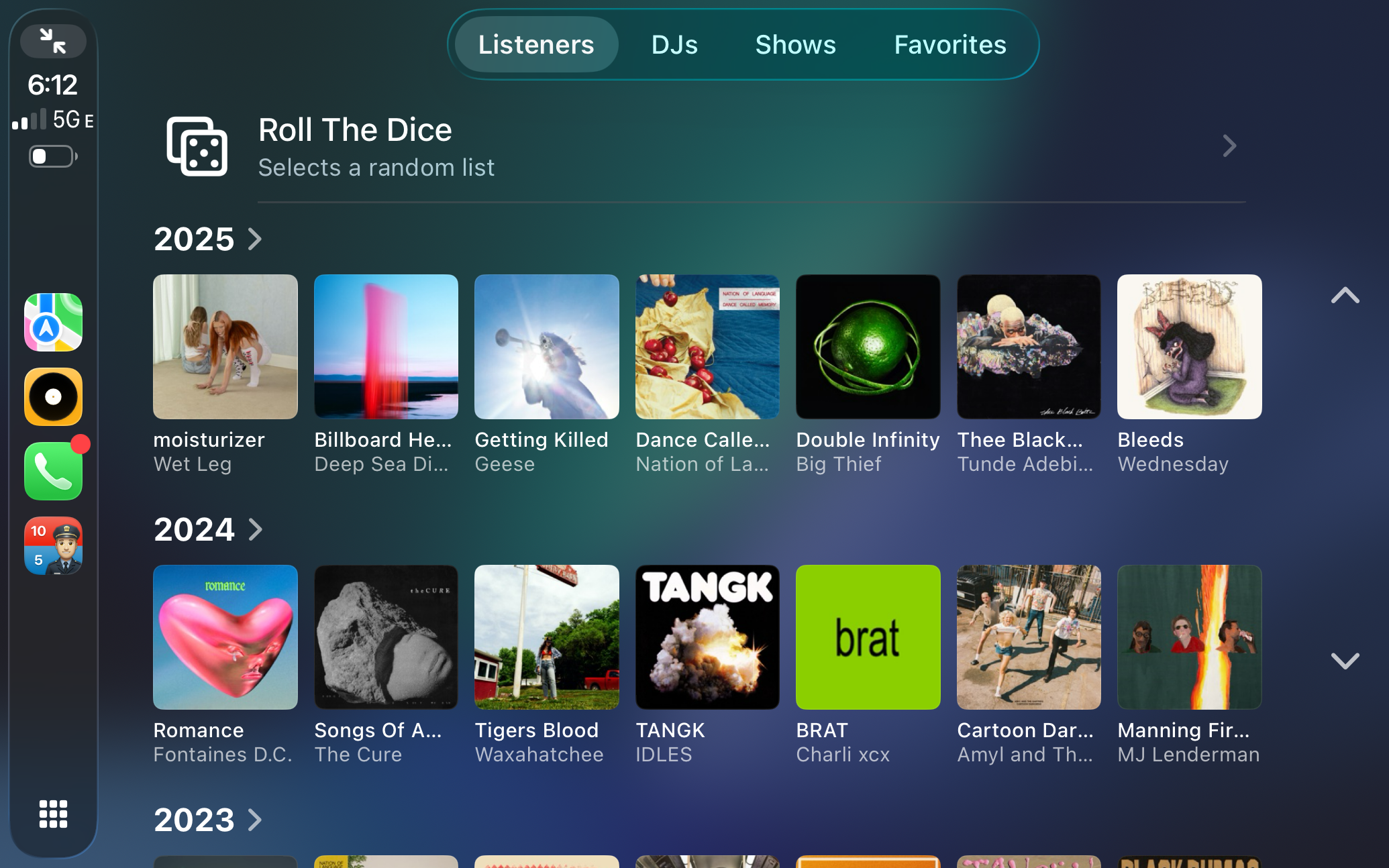 A screenshot of an Apple CarPlay interface for the iOS app Albums Matter. Shows grids of album artwork organized by year. A top tab bar includes Listeners, DJs, Shows, and Favorites.